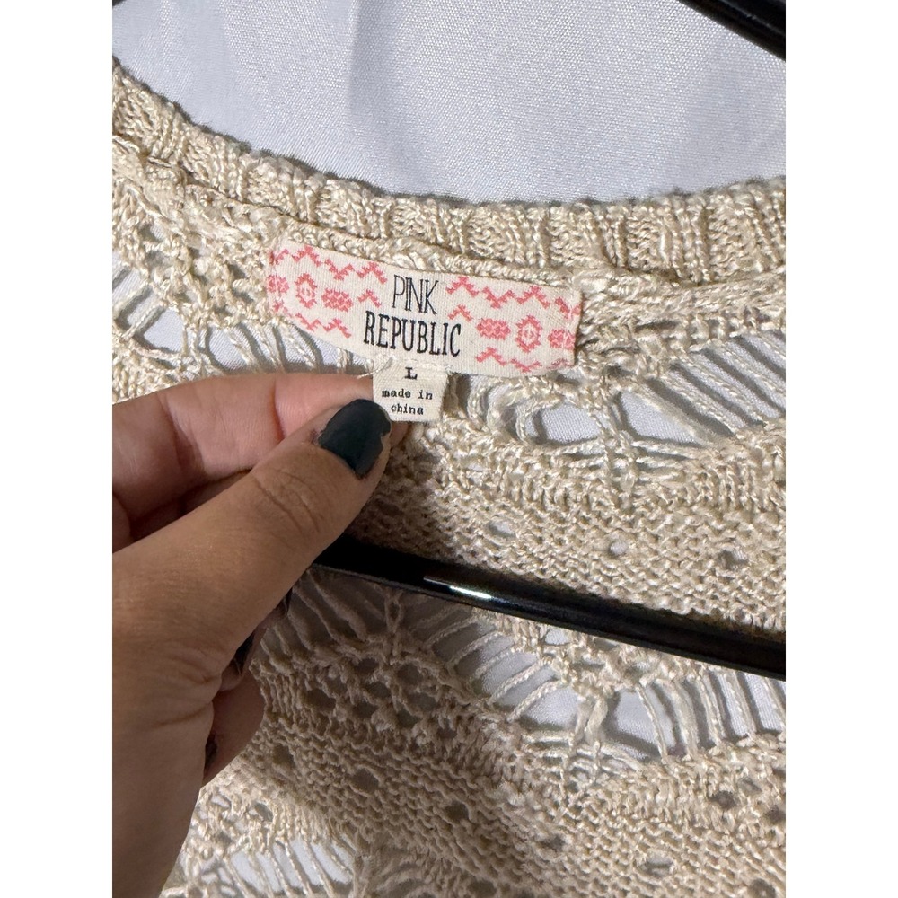 Pink Republic Women Large Cream Pointelle Crochet Knit Open Front Cardigan Boho - Picture 3 of 4